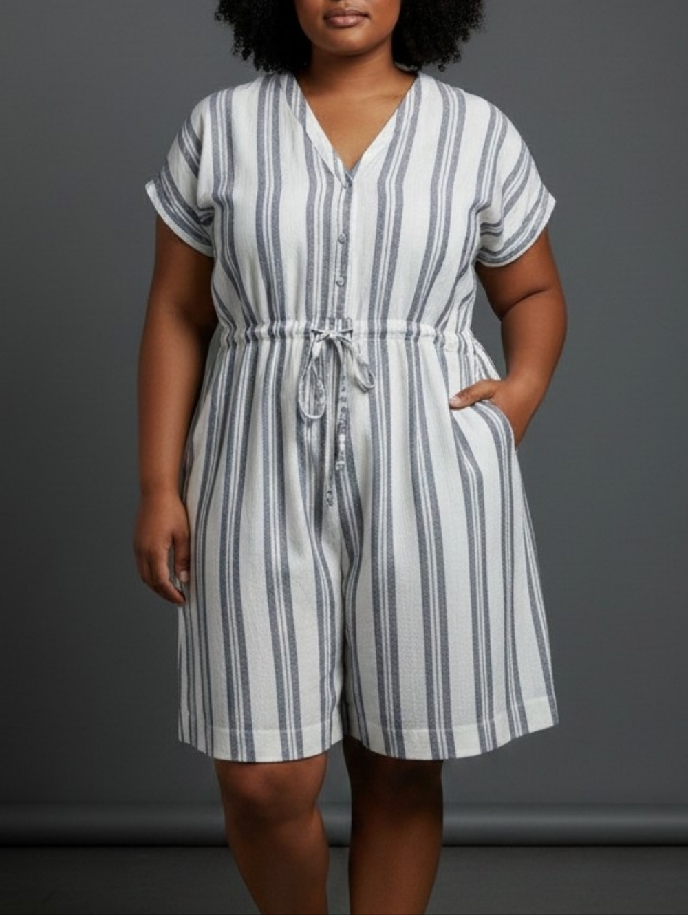 TIME AND TRU Super Cute                   Blue/ Grey Striped Shorts Jumpsuit